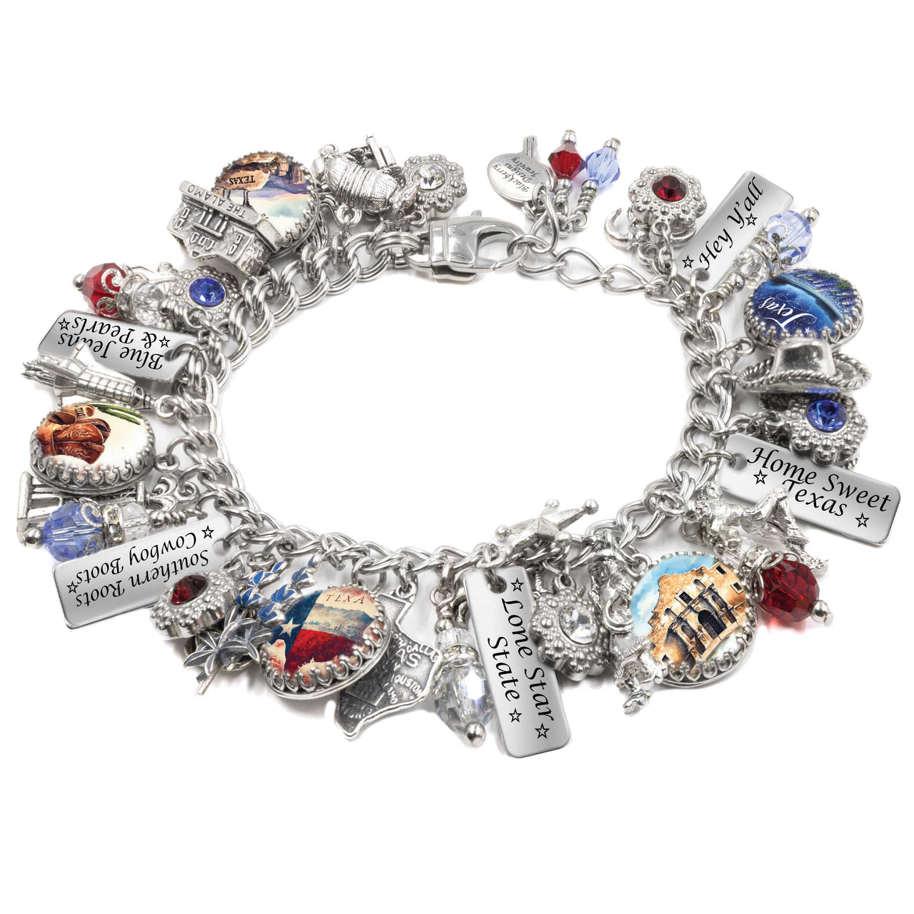 Handcrafted silver charm bracelet inspired by Texas, featuring charms with imagery of bluebonnets, cowboy boots, the Alamo, and the Texas flag under glass cabochons. Includes engraved tags with sayings like ‘Home Sweet Texas,’ ‘Lone Star State,’ and ‘Southern Roots & Cowboy Boots.’ Embellished with red, white, and blue Austrian crystals and western-themed charms like stars, hats, and longhorns. Displayed on a white background.