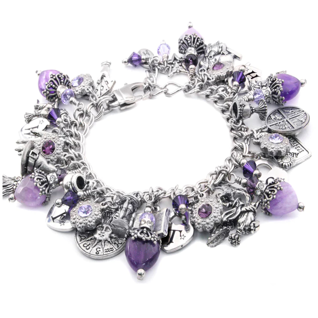 Witch charm bracelet with amethyst heart and silver spellbook