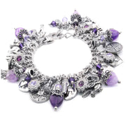 Witch charm bracelet with amethyst heart and silver spellbook