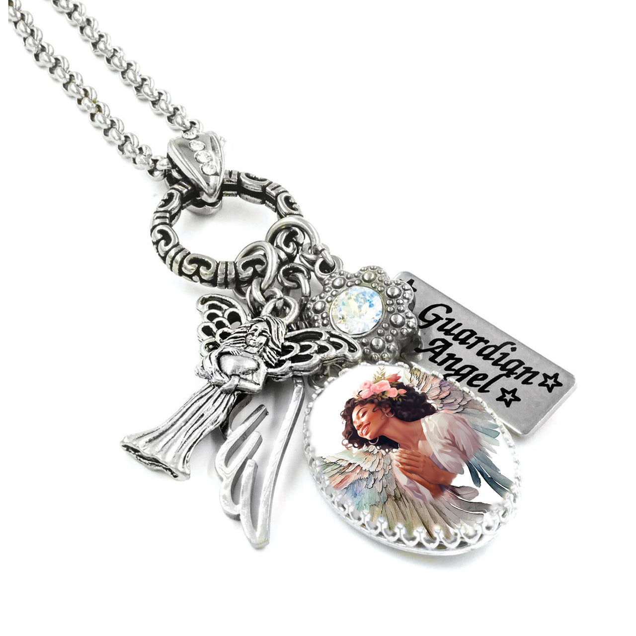 Silver charm necklace featuring an image of a Black angel under glass, surrounded by white and gold Austrian crystals. Includes engraved tags with uplifting sayings like “You are Watched Over” and “An Angel Walks with Me,” on a stainless steel chain. Displayed on a white background.