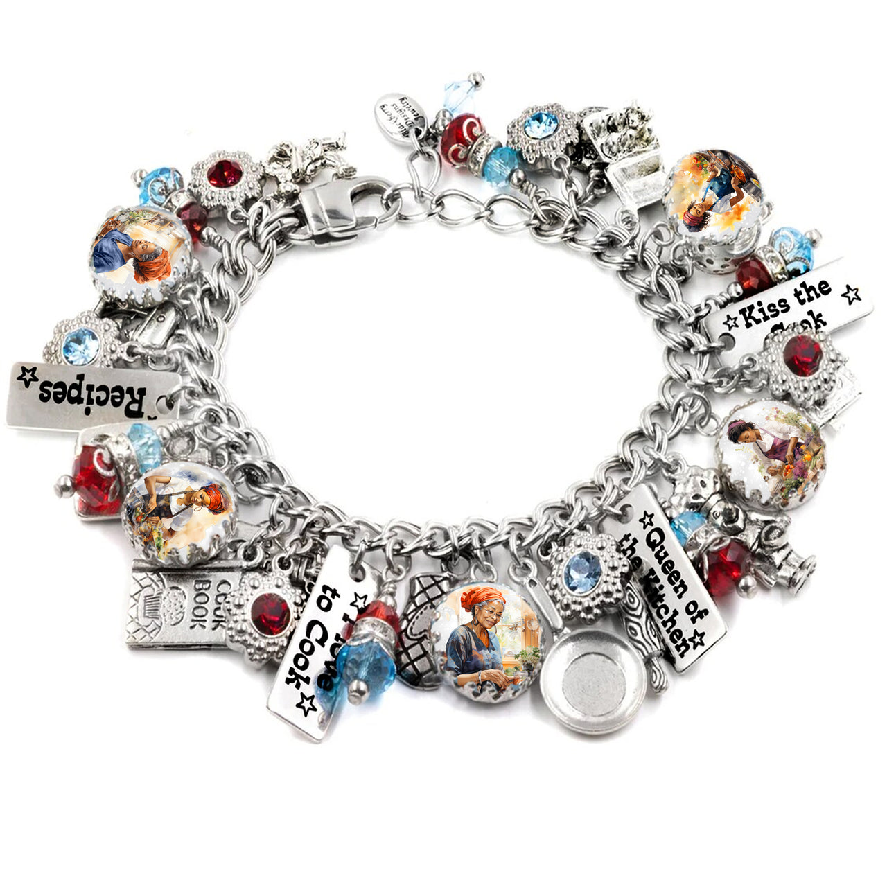 Silver charm bracelet celebrating vintage Black women chefs, featuring glass cabochons of retro cooking scenes, engraved tags like ‘I Love to Cook’ and ‘Queen of the Kitchen,’ along with red and blue crystals, mini utensils, cookbook, and skillet charms. Displayed on a white background.
