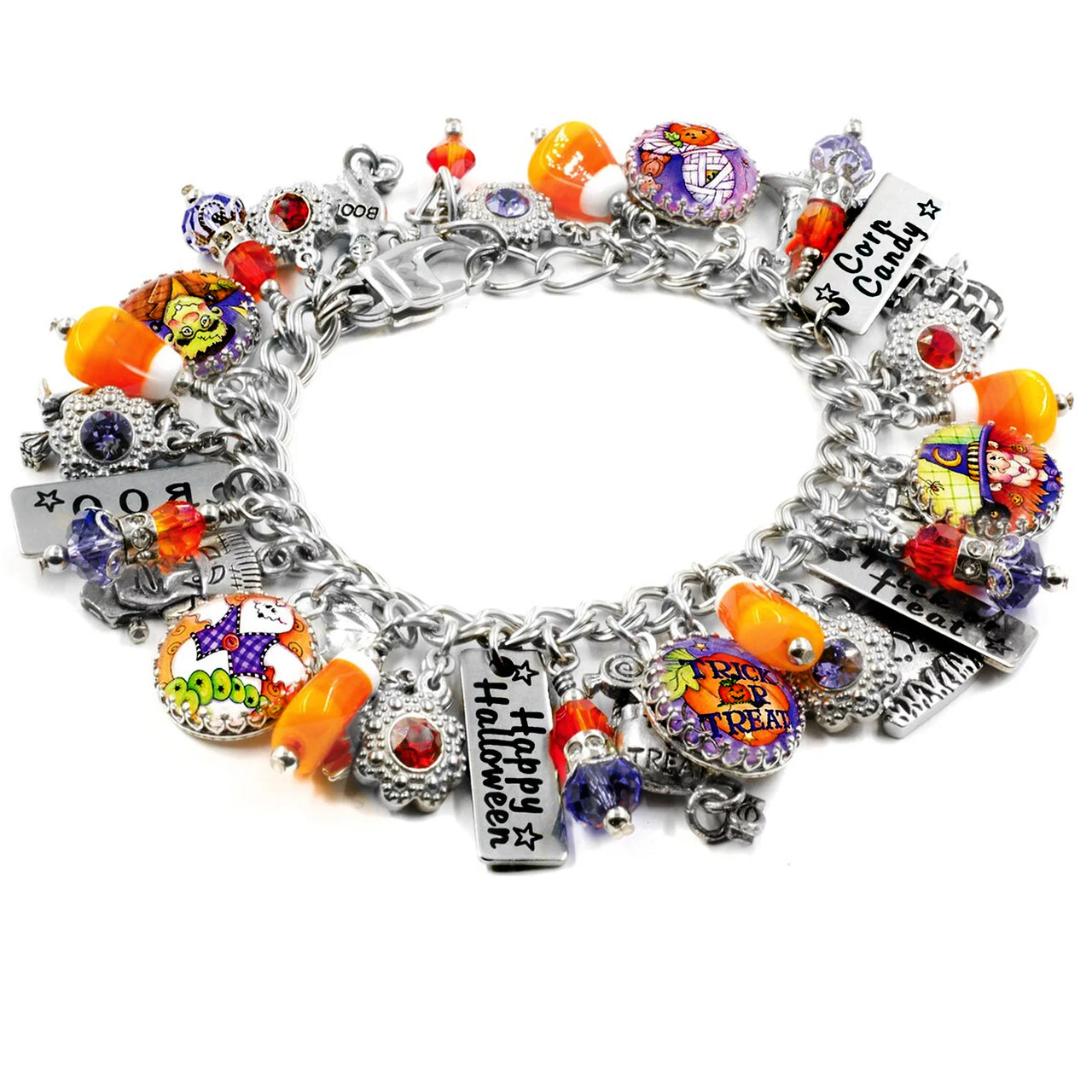 Halloween trick or treat bracelet with candy charms, pumpkins, and silver ghost accents