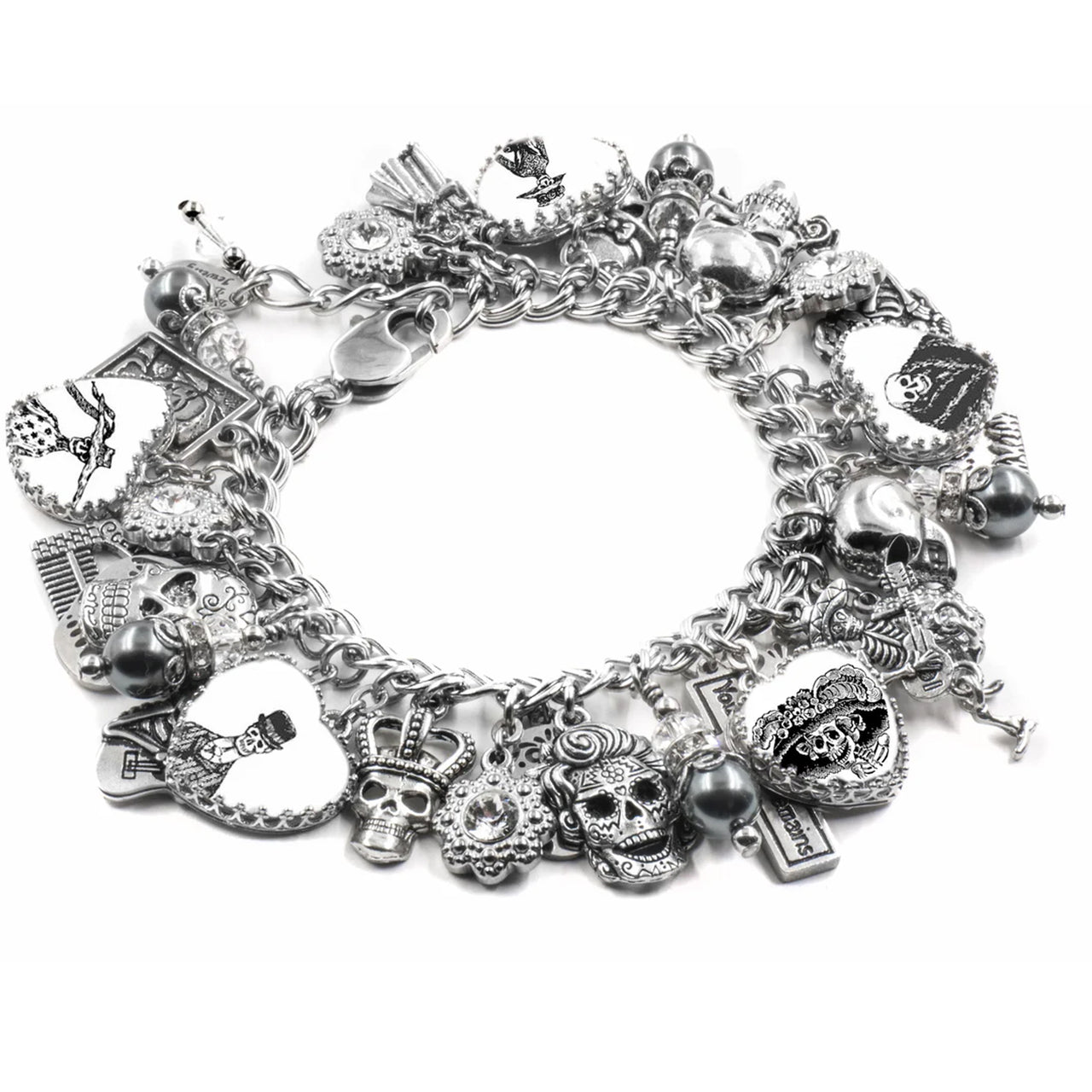 Handmade Día de los Muertos bracelet with silver charms