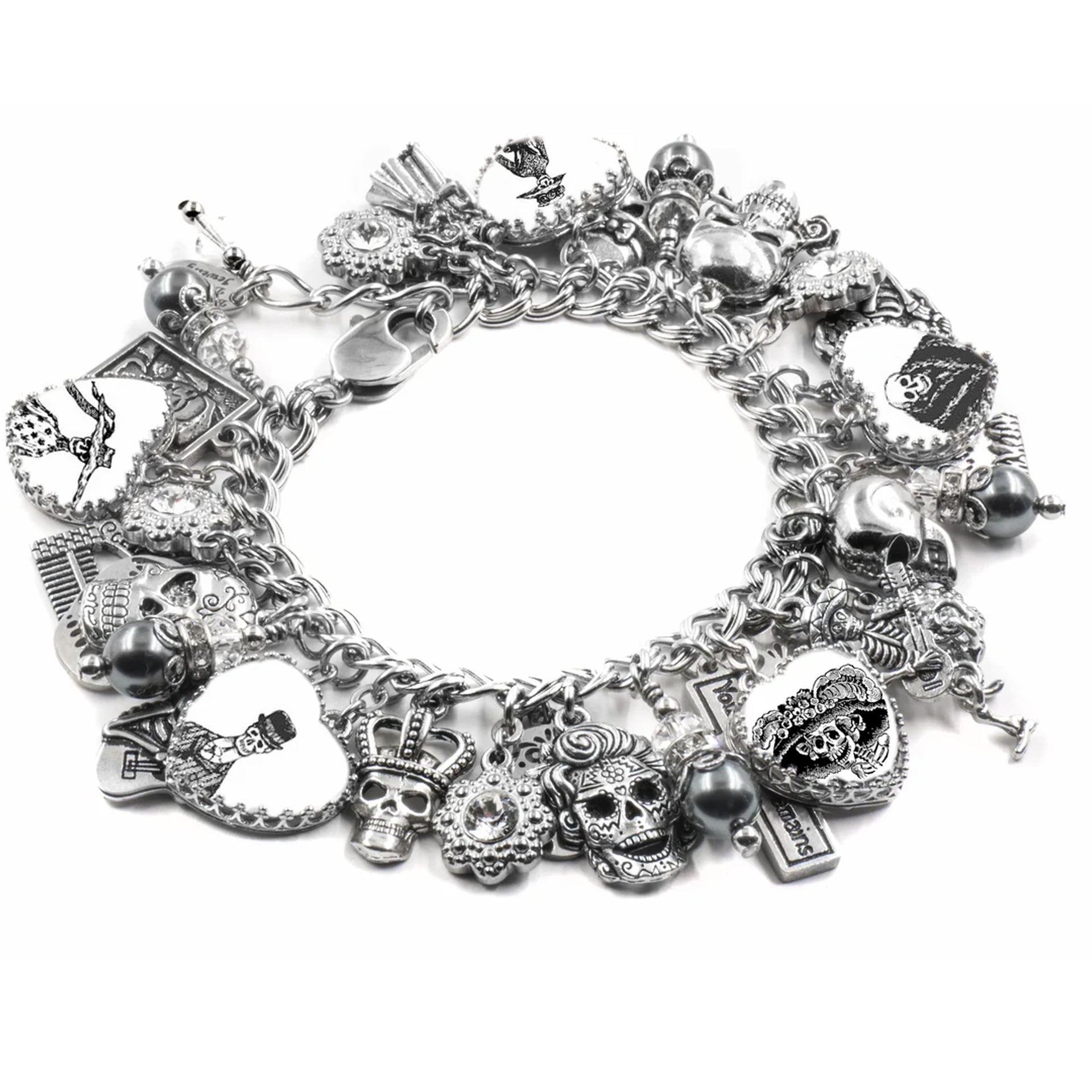 Handmade Día de los Muertos bracelet with silver charms