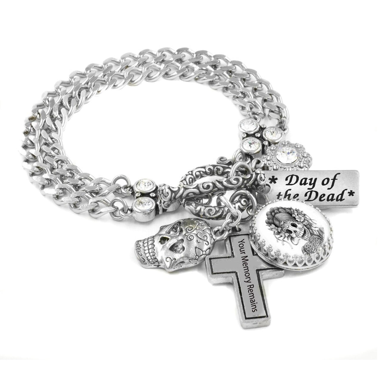 Silver charm bracelet with sugar skulls and hearts and katrina