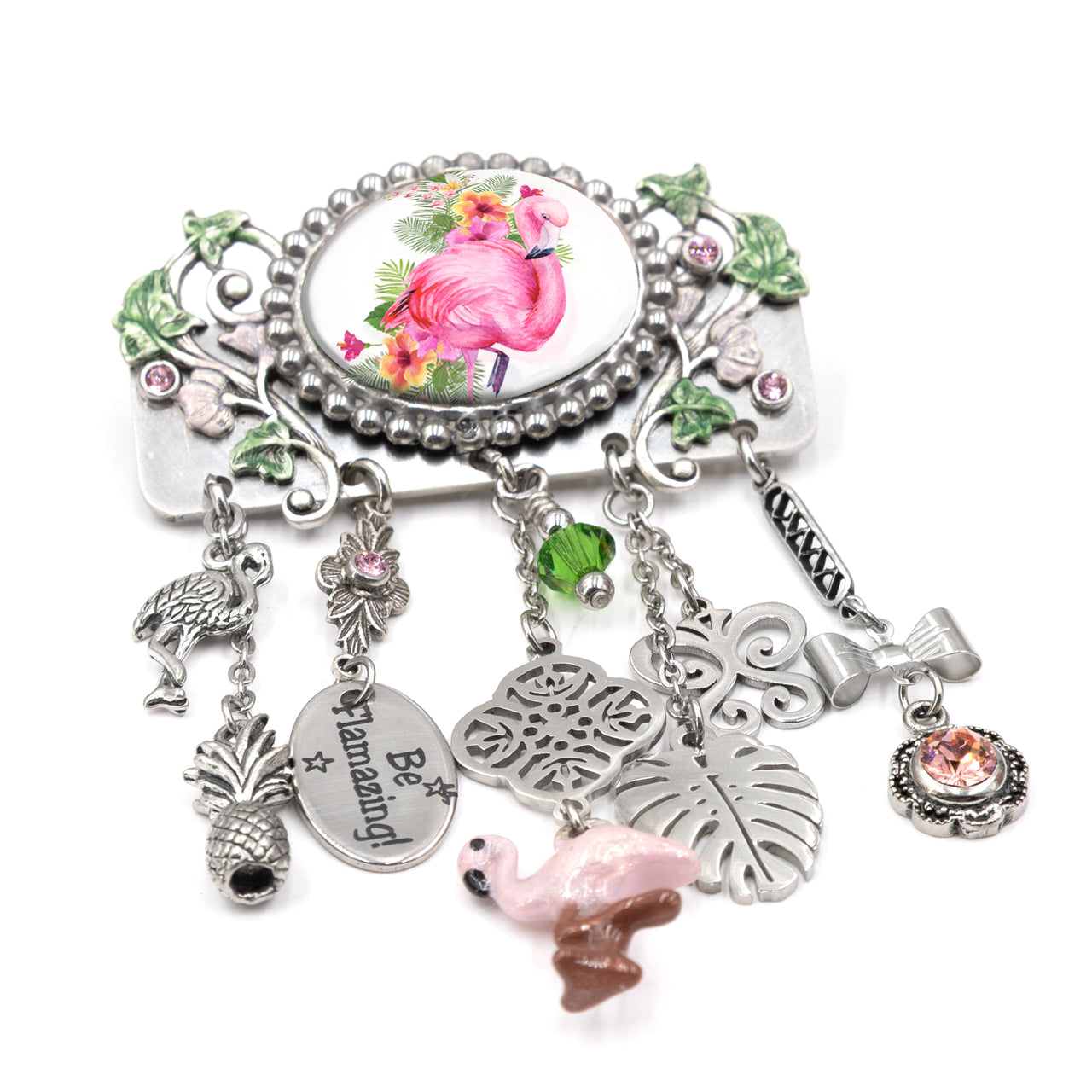 Silver Brooch - Pink Flamingo with Charms