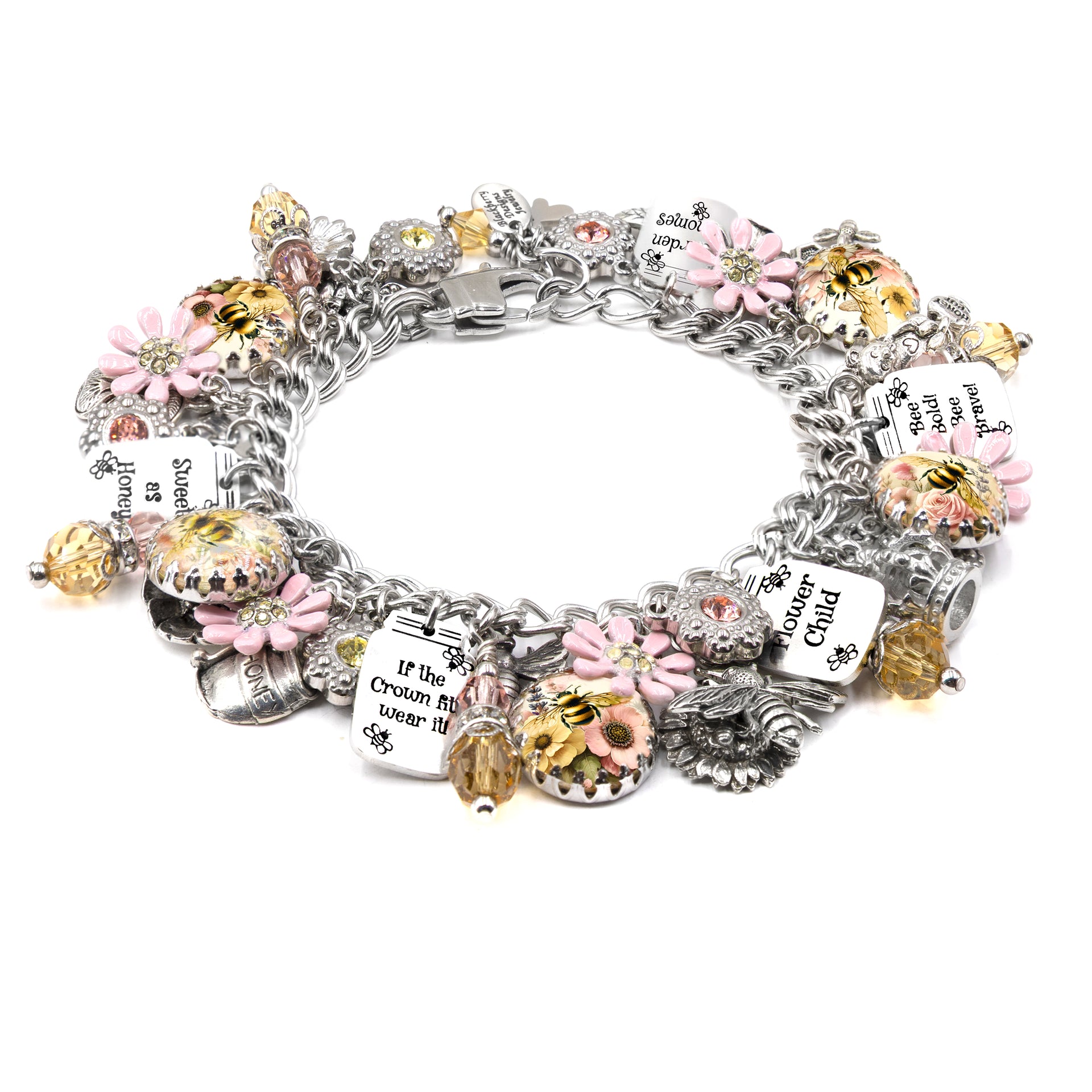 Silver honey bee charm bracelet featuring pink and yellow flower charms, honey bee images under glass, engraved charms with sayings, and golden crystal drops.