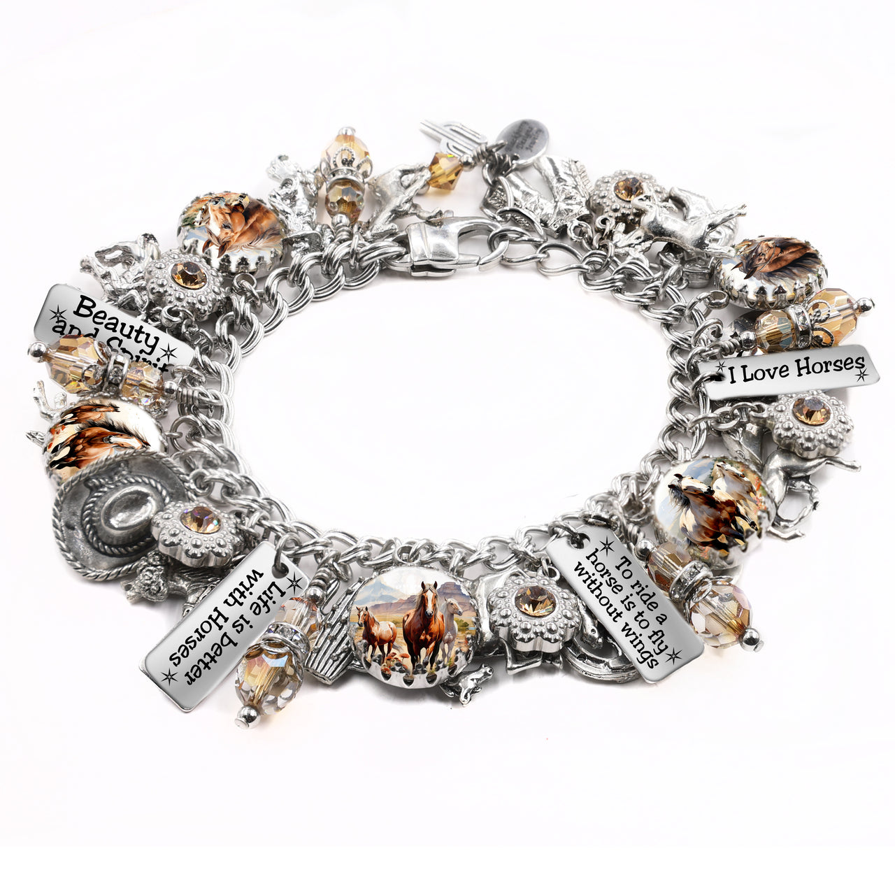 Western horse charm bracelet in silver stainless steel, with engraved charms, wild horse images under glass, and golden topaz Austrian crystals.