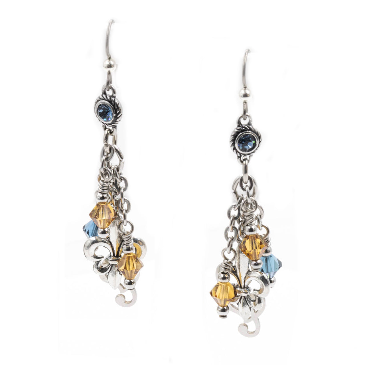 Silver Louisiana-inspired dangle earrings featuring fleur-de-lis charms, blue and amber Austrian crystals, and stainless chain links, finished with a faceted blue crystal accent—created to match the Louisiana charm bracelet.