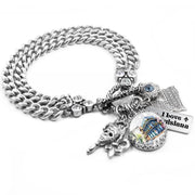 Silver charm bracelet inspired by Louisiana, featuring fleur-de-lis charms, Mardi Gras mask, French Quarter scenes, and state symbols, accented with blue and gold Austrian crystals and engraved tags like āBayou Stateā and āCajun Queen.ā