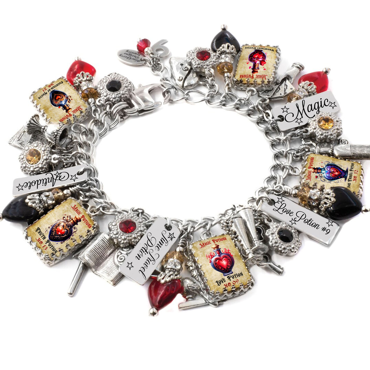 Love potion charm bracelet with silver potion bottles, hearts, and pink crystals
