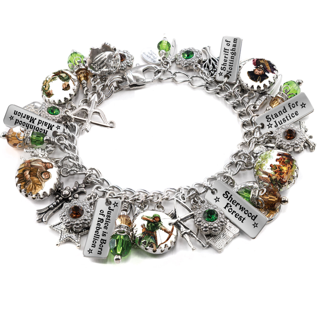 Robin Hood charm bracelet with bow and arrow, forest tree, castle, heart, and Austrian crystals. Handcrafted silver-toned jewelry.