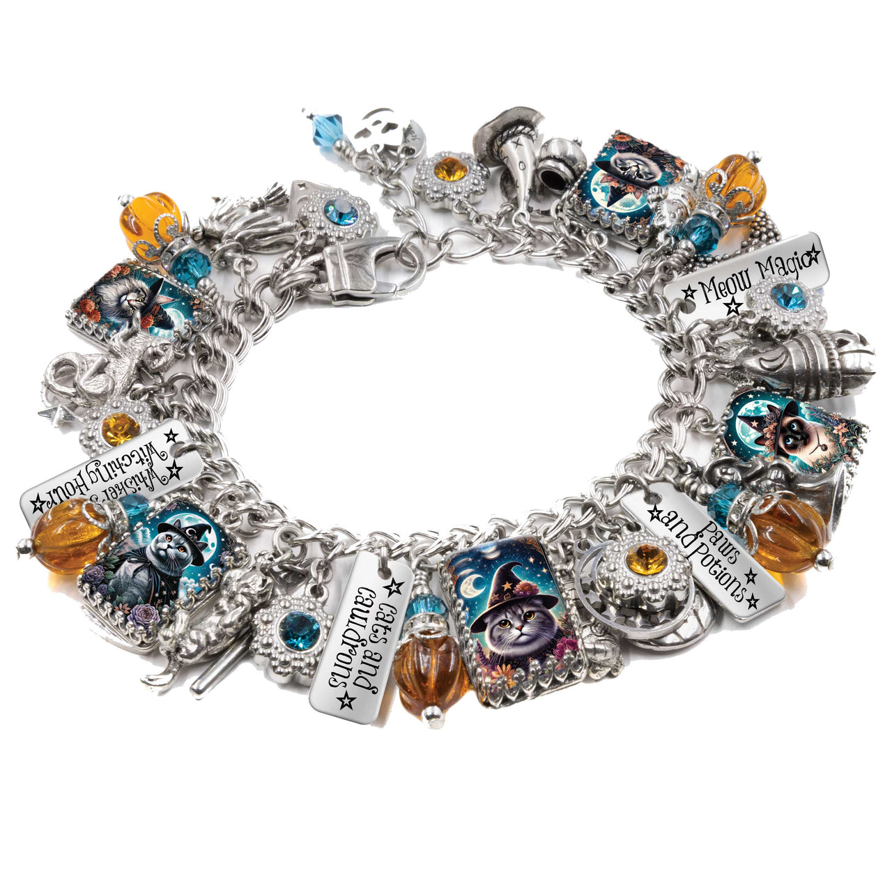 Handmade Halloween bracelet with black cats wearing witch hats, silver moons, and engraved charms