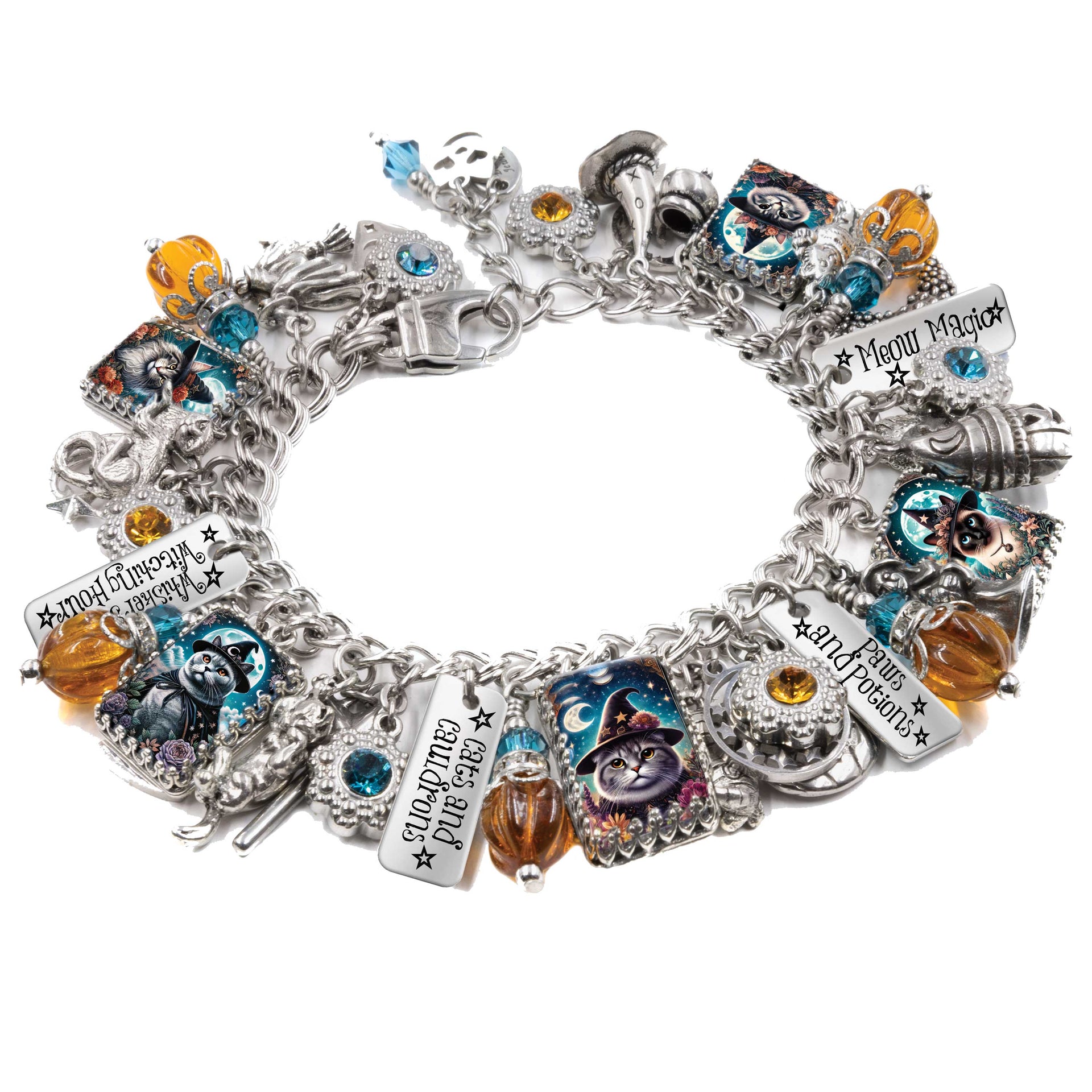 Witchy charm bracelet in tarnish-free silver featuring black cats, stars, and pumpkins