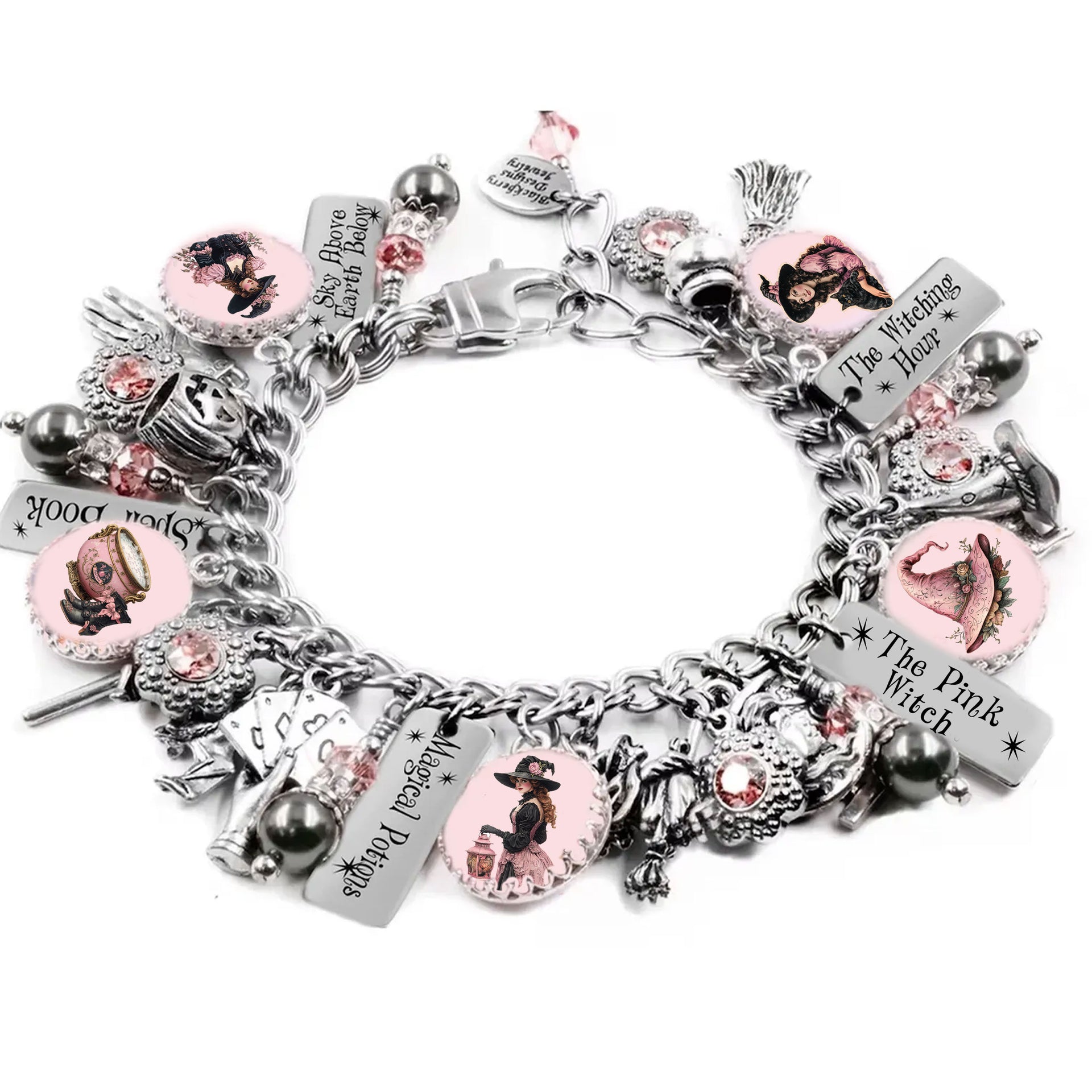 Retro Halloween charm bracelet in pink and black with 1940s-style witch images, 14 silver Halloween charms, and sparkling rose pink crystals.