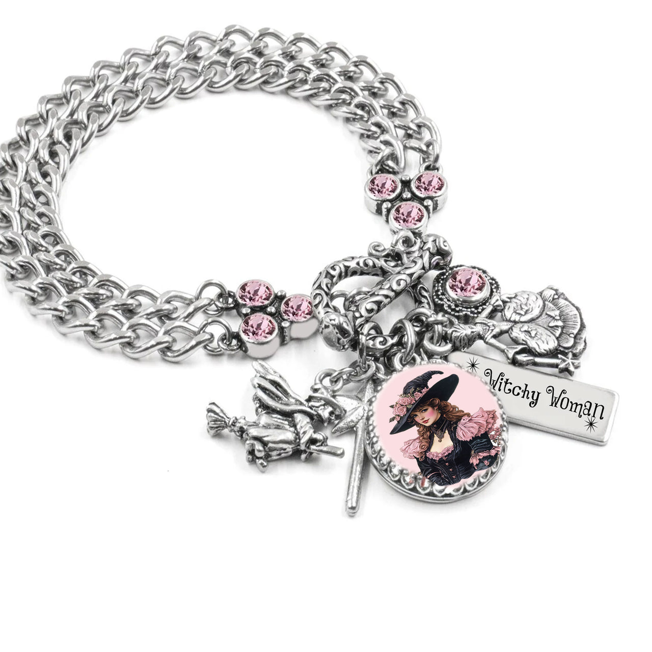 Witchy Woman Bracelet – Retro 1940s Witch in Pink & Black
