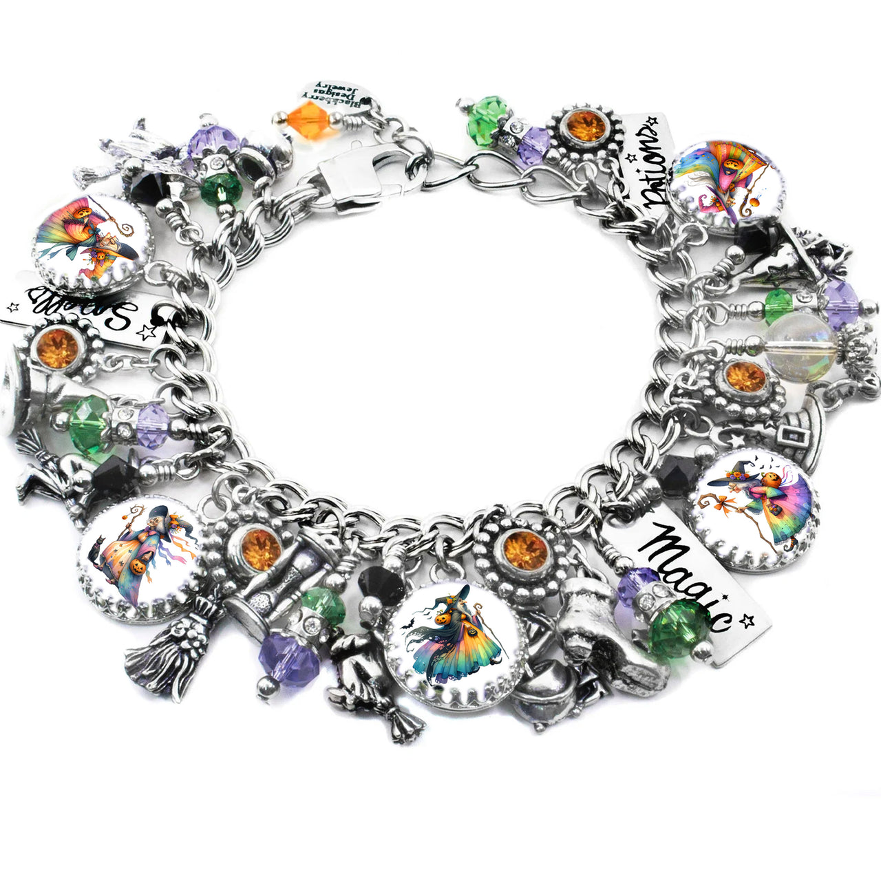 Rainbow witch charm bracelet with 1960s-style witches in colorful costumes, orange and amethyst crystals, and engraved silver star charms.