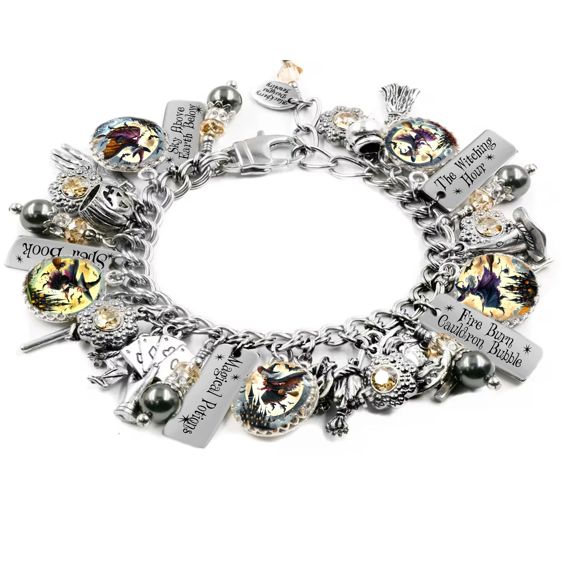 Halloween charm bracelet with flying witch charms, spell books, and black pearls