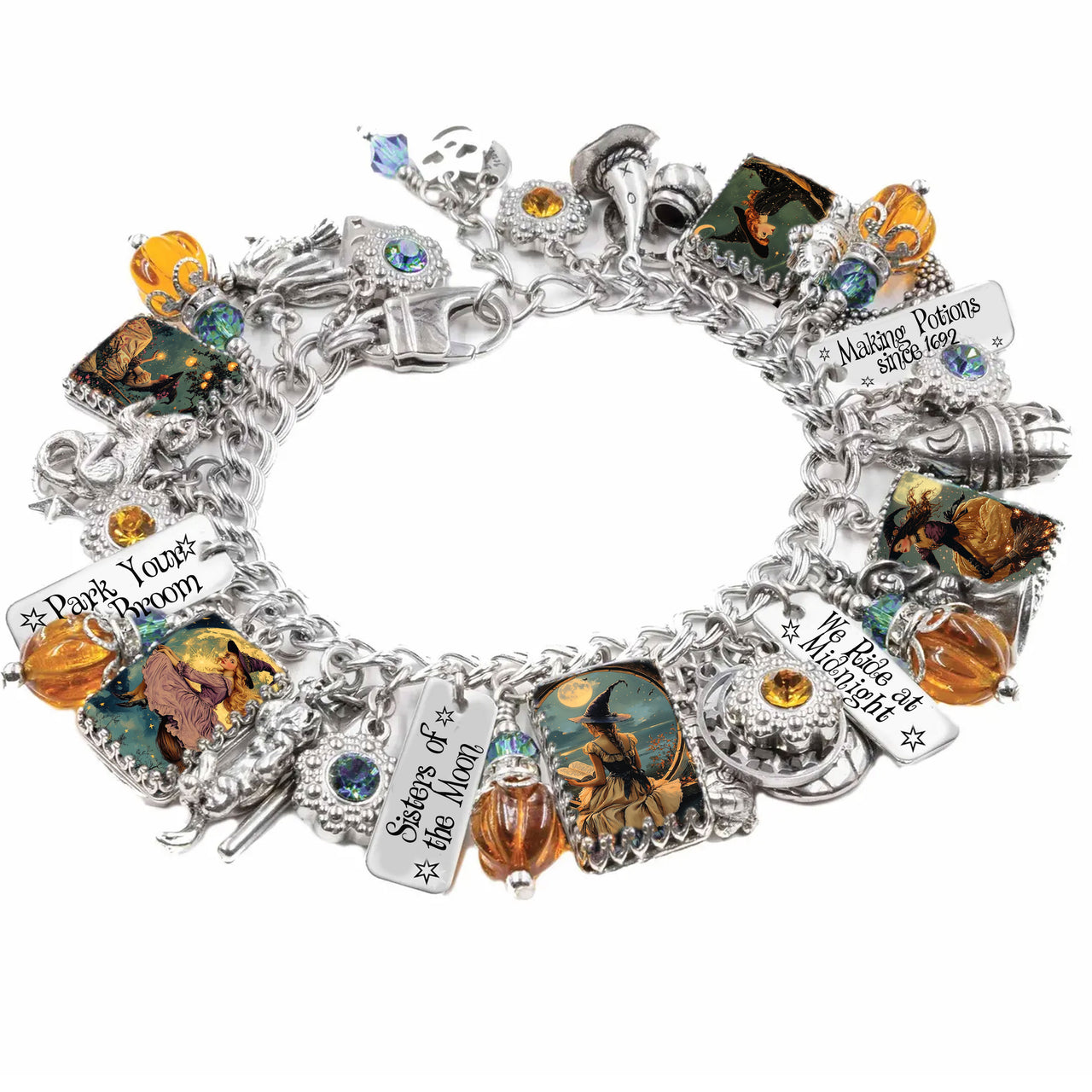 Retro Halloween charm bracelet with 1940s-style witches, teal crystals, black cats, engraved sayings, and glowing crystal pumpkins.