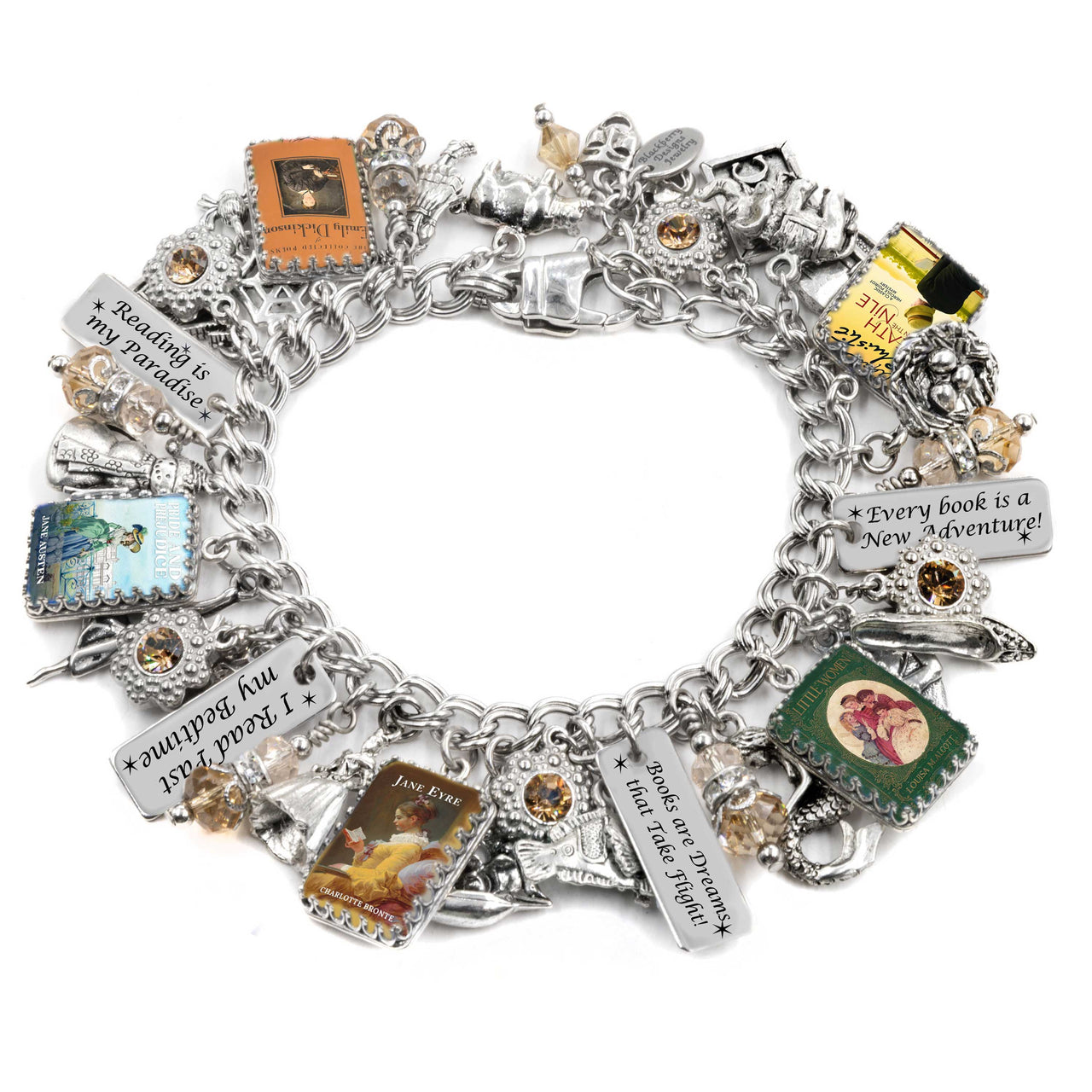 Handcrafted silver charm bracelet inspired by classic literature, featuring miniature book cover charms under glass cabochons including Jane Eyre, Little Women, and The Great Gatsby. Includes engraved tags with phrases like ‘Reading is my paradise,’ ‘Books are Dreams that Take Flight,’ and ‘I Read Past My Bedtime.’ Embellished with bronze and clear Austrian crystals, and silver charms such as pens, owls, and a personalized book charm. Displayed on a white background.