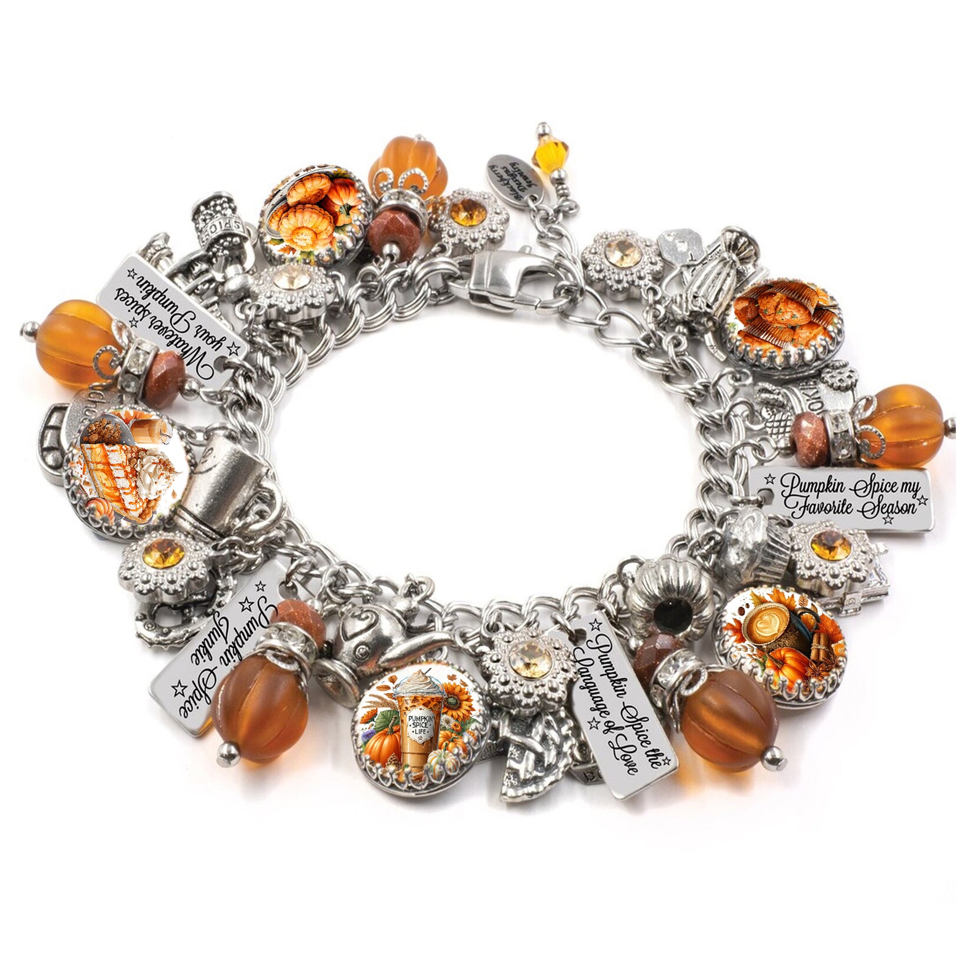 silver charm bracelet for autumn with crystal pumpkins and pumpkin spice sayings, engraved charms, vintage images, and lots of autumn orange crystals and loaded with silver charms of everything pumpkin spice.