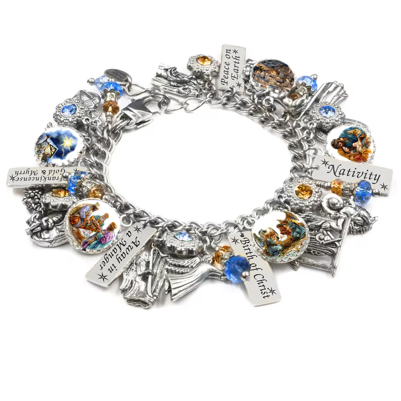 Handcrafted silver charm bracelet featuring a Nativity theme, with intricate charms representing the Birth of Christ, angels, the Holy Family, and traditional symbols like a manger, star, and shepherds. The bracelet includes engraved tags with words like ‘Peace on Earth,’ ‘Nativity,’ ‘Birth of Christ,’ and ‘Angel in a Manger,’ enhanced by sparkling blue and amber Austrian crystals. Captured on a white background, this beautiful bracelet embodies the spirit of Christmas.