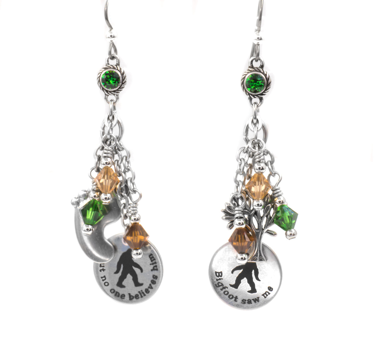 Bigfoot earrings in silver featuring forest monster silhouettes and engraved charms
