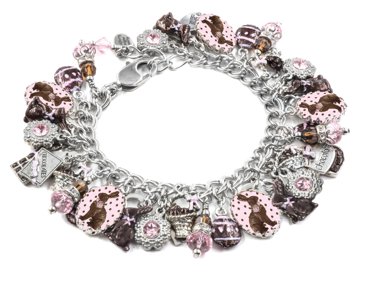 Chocolate Bunny Charm Bracelet – Easter Jewelry with Engraved Quotes & Crystals