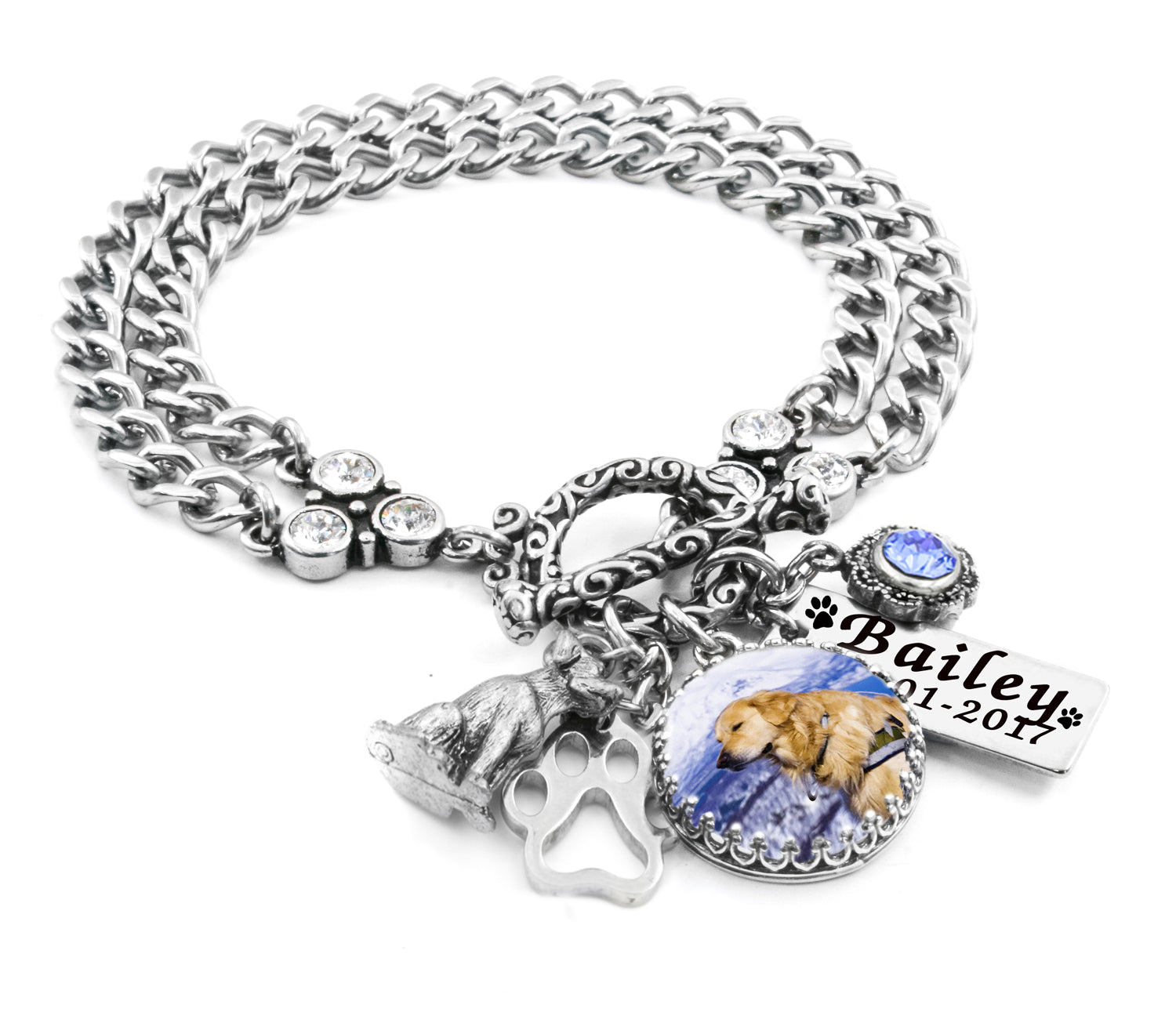 Personalized Photo Dog Charm Bracelet with engraved pets name in