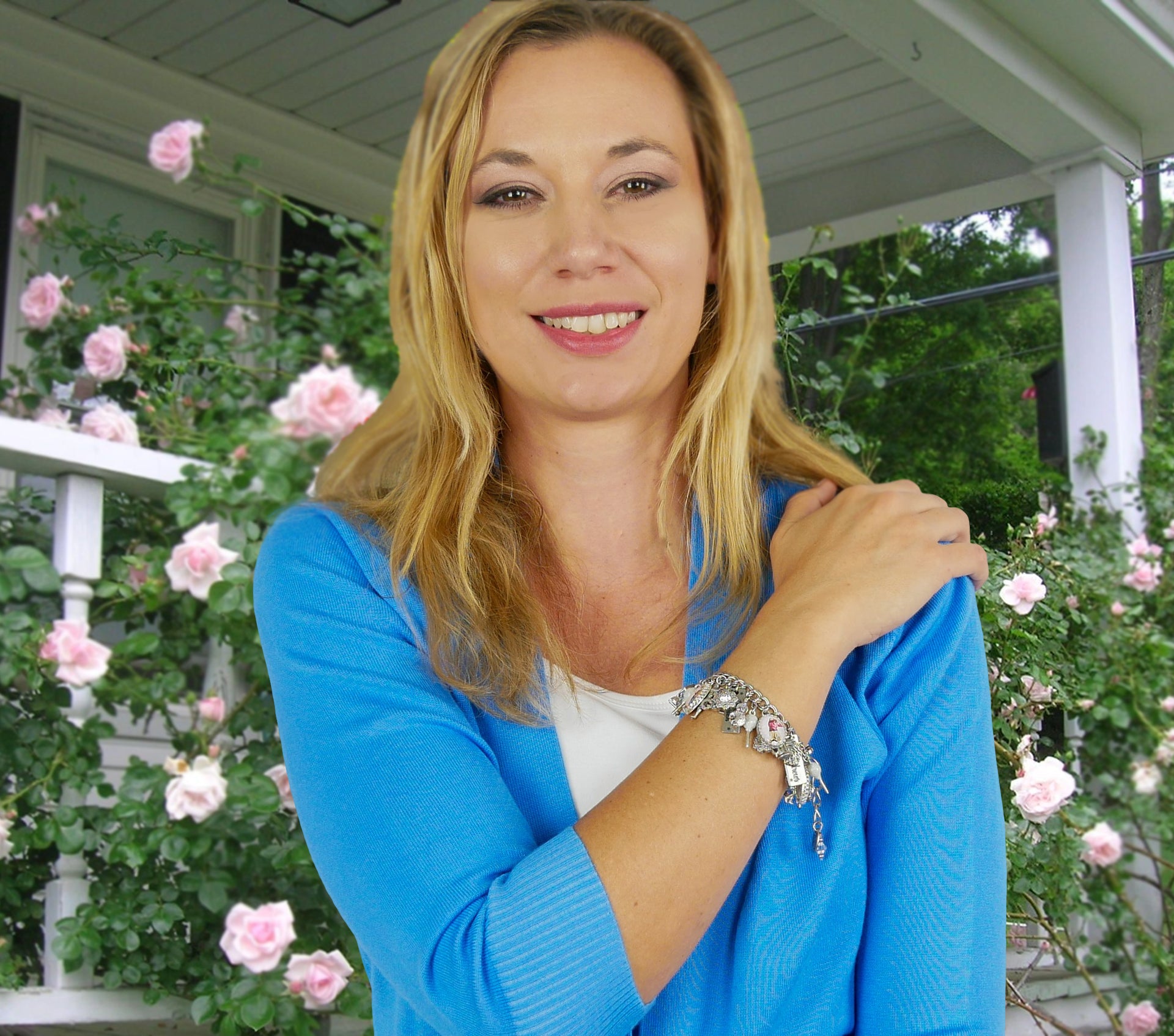 woman in blue wearing golf charm bracelet