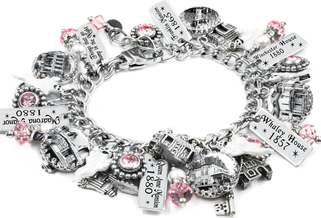 Spooky charm bracelet featuring haunted house and pumpkin