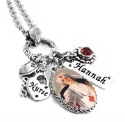 closeup of personalized nurse charm necklace