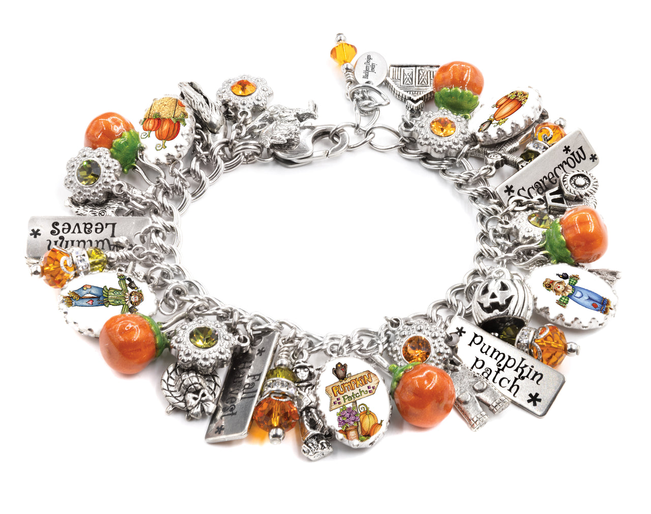 Silver charm bracelet with pumpkins and fall leaves