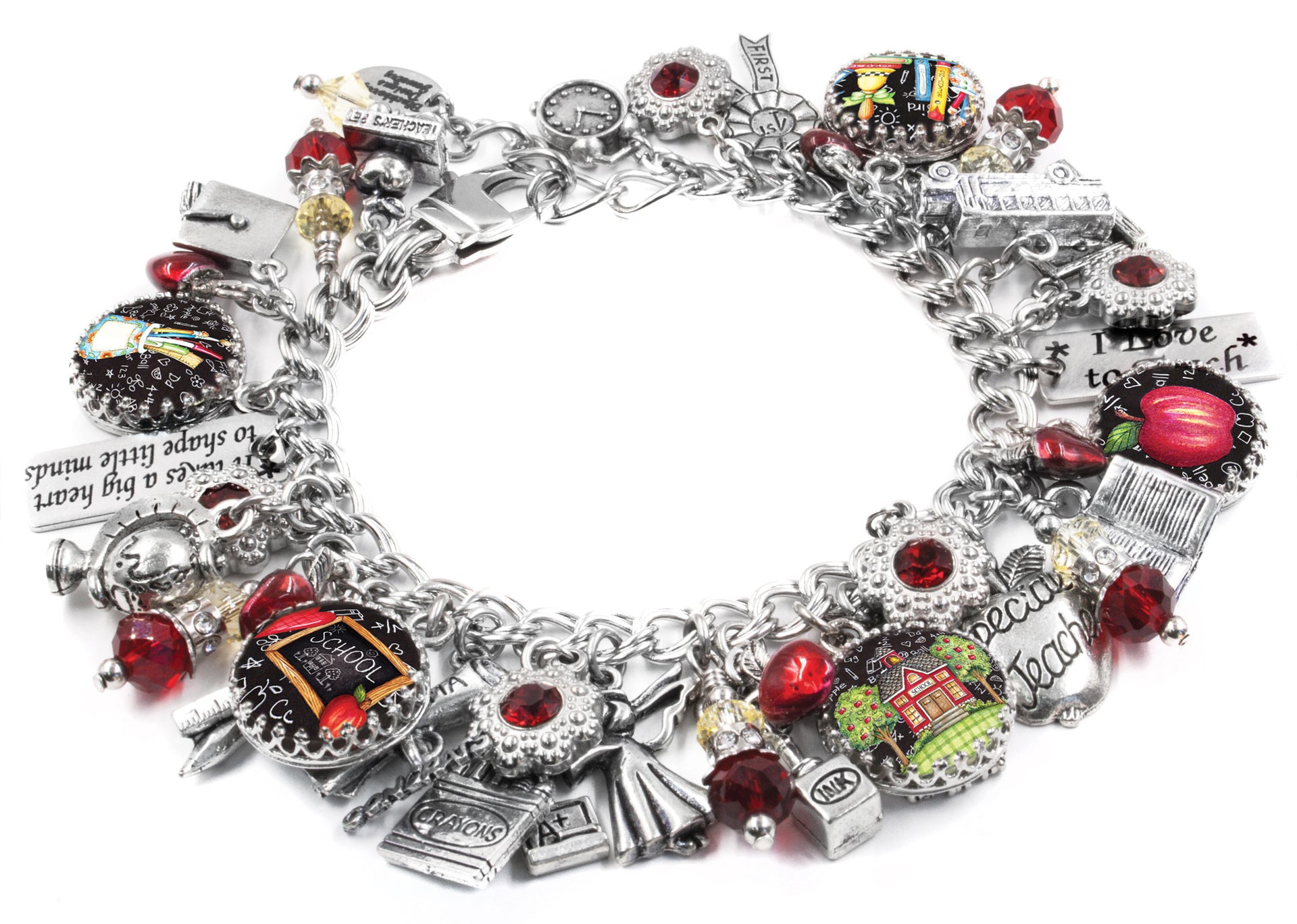A multicolored charm bracelet in silver for School Teacher, featuring vintage school-themed charms and colorful crystals.