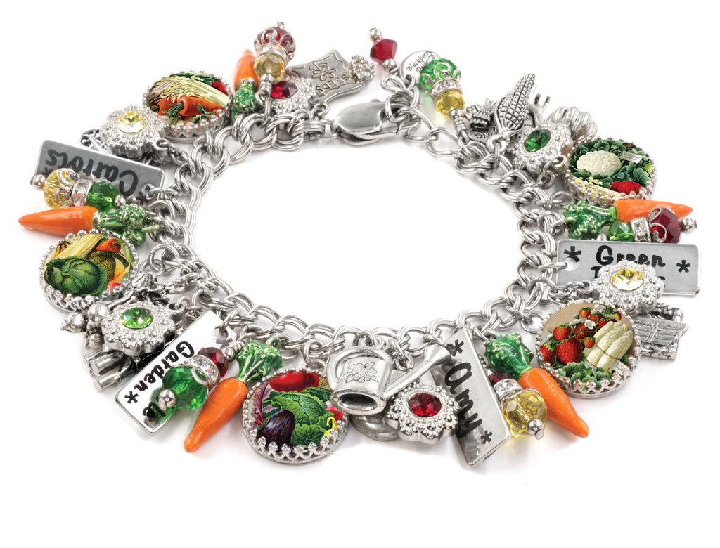Vegetable Garden Charm Bracelet, Personalized Name, Vegan Jewelry