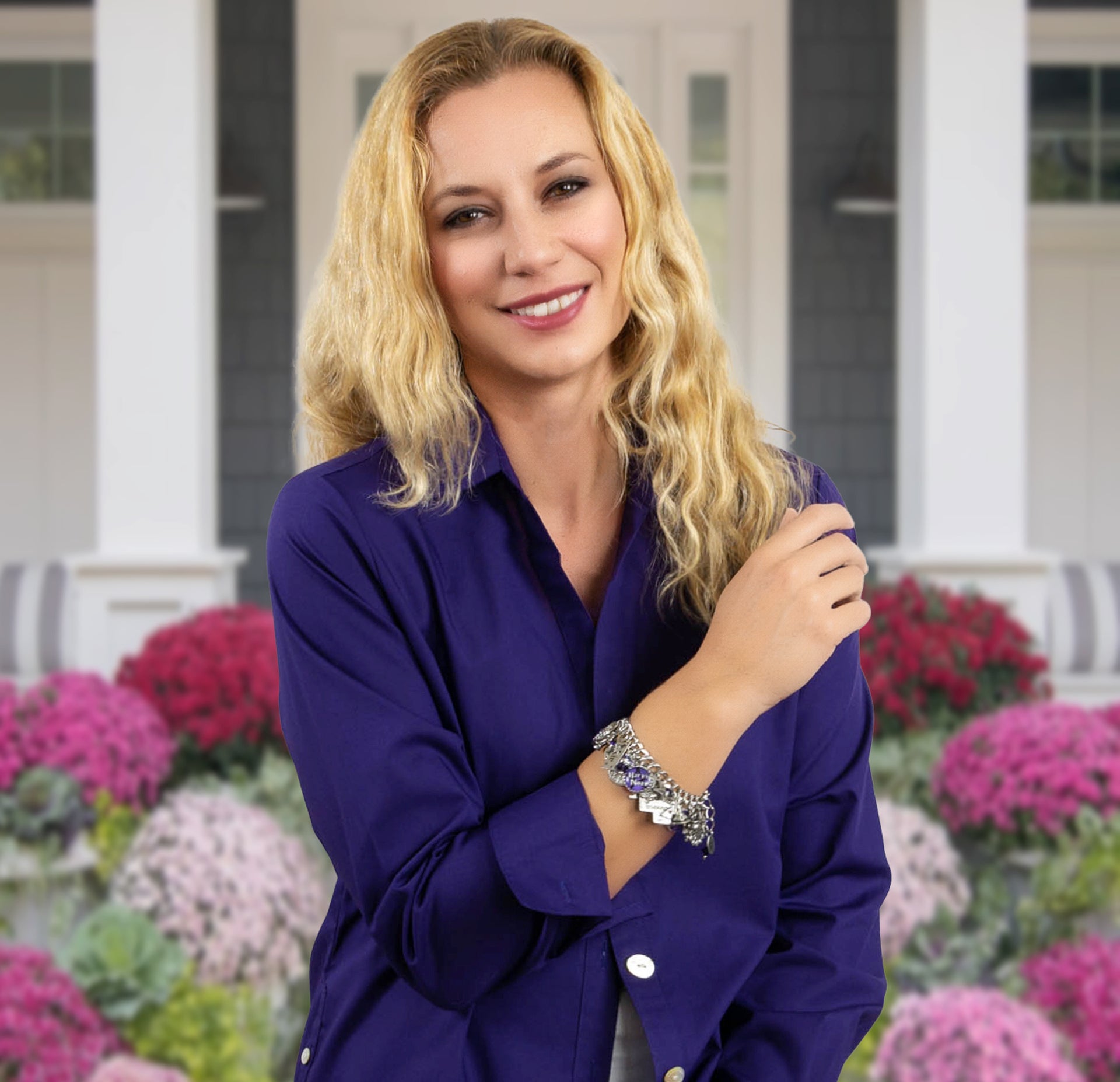 woman in purple wearing wiccan/pagan charm bracelet