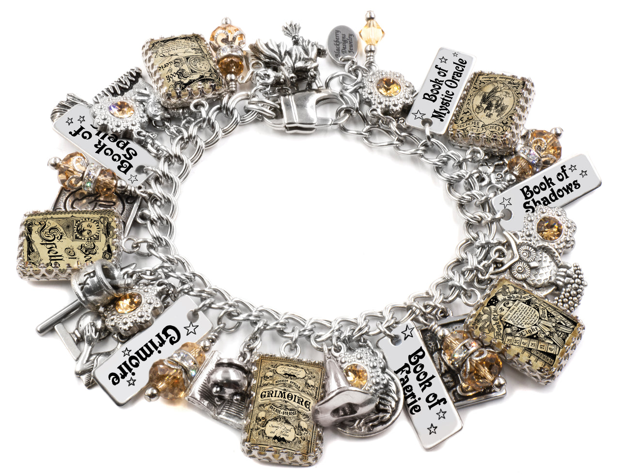 Halloween spellbook charm bracelet with grimoire, witch hat, and crystal accents