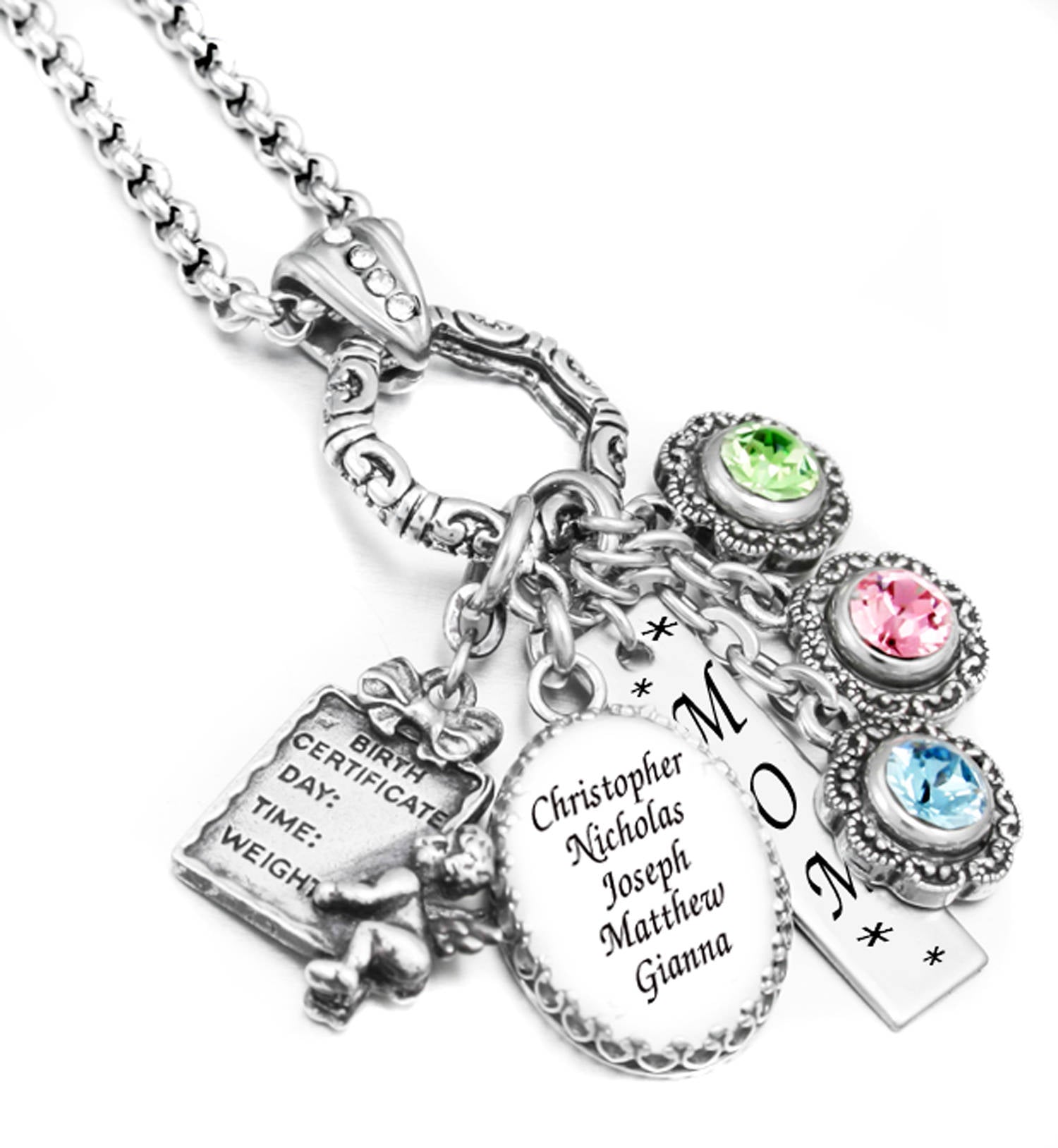 closeup of grandmother birthstone necklace
