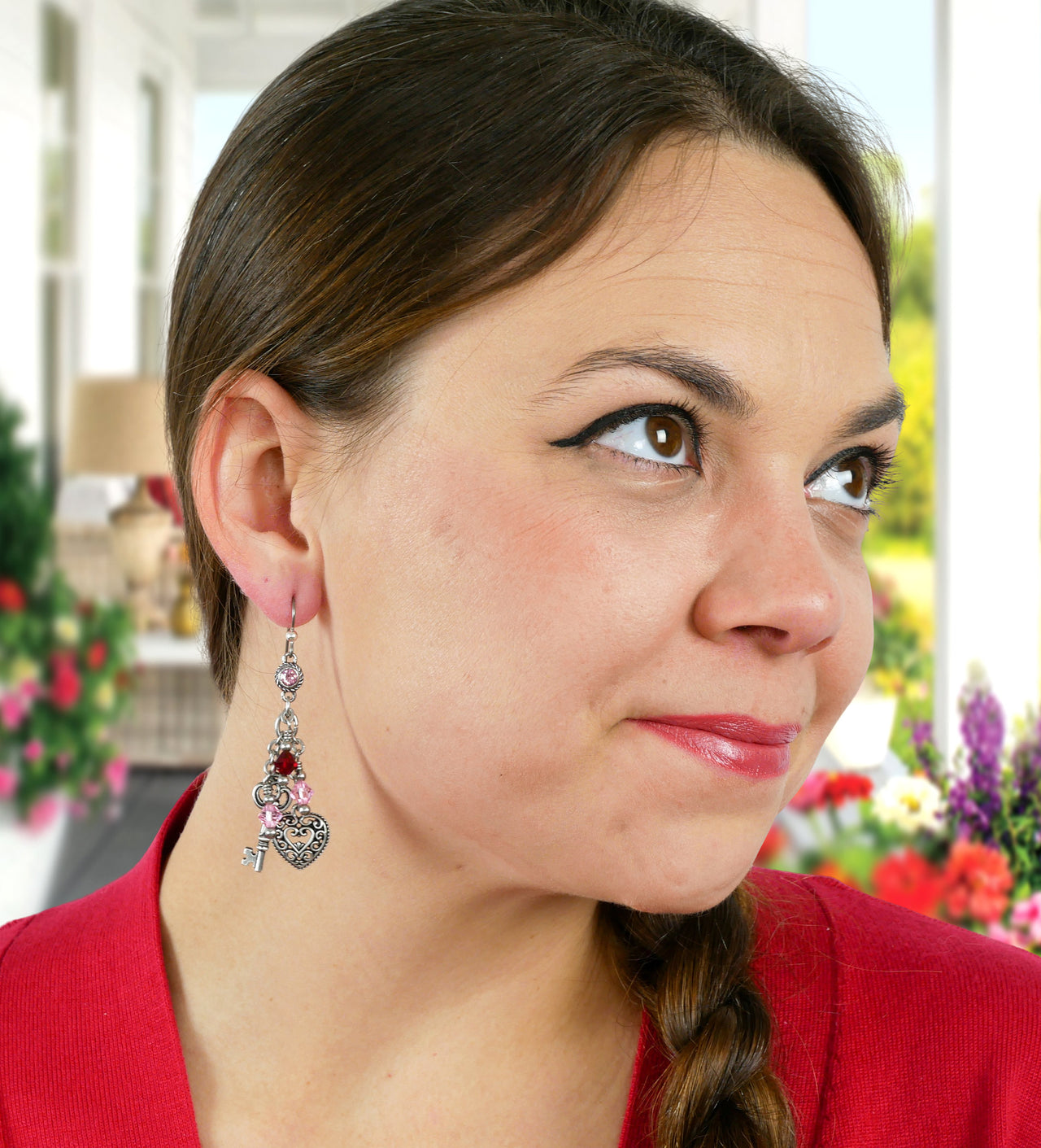 Ruby Heart and Key Crystal Earrings