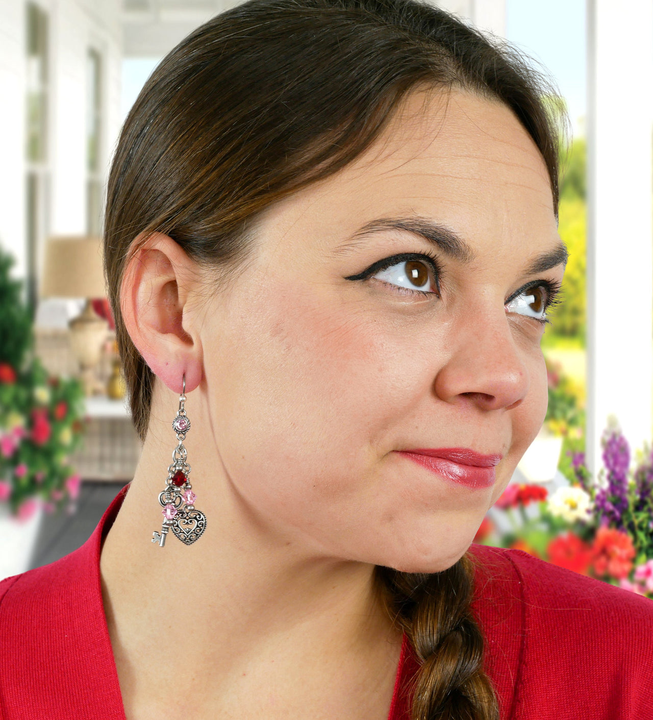 Amethyst Heart and Key Crystal Earrings