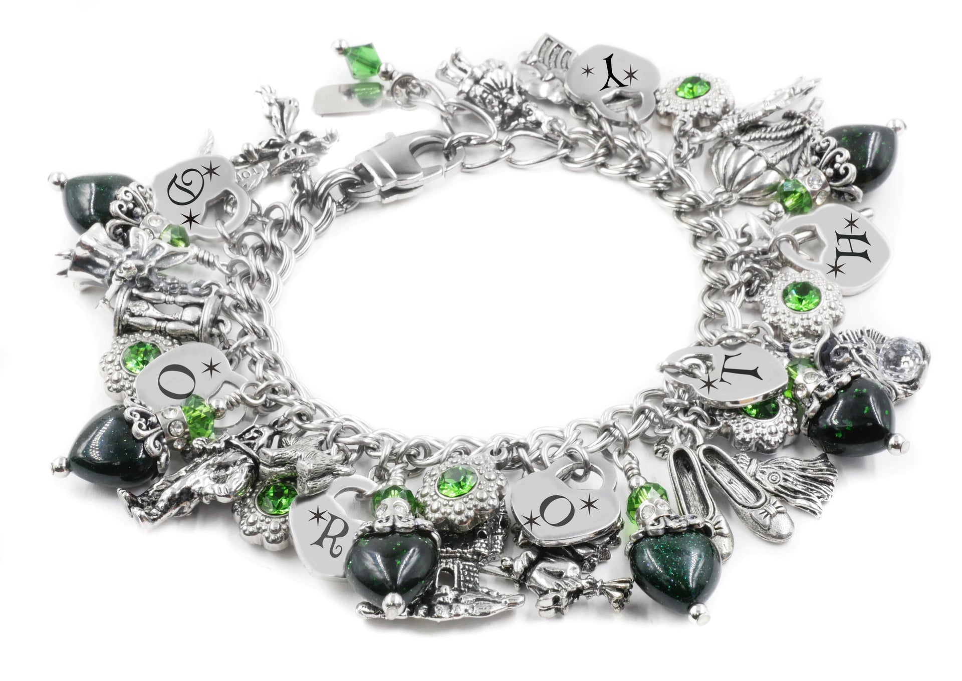 Wizard of Oz charm bracelet featuring ruby slippers, Emerald City, and Glinda