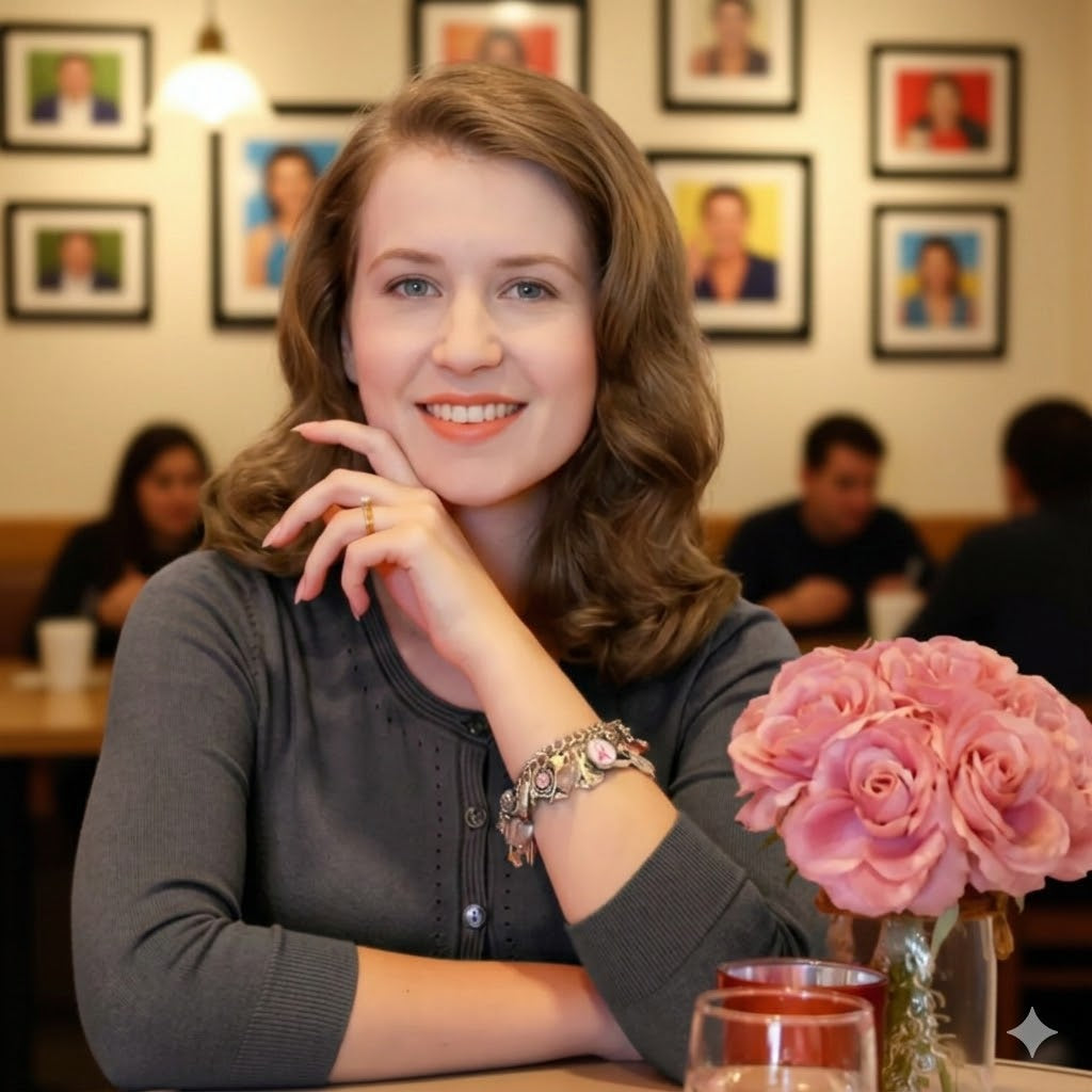 A woman with long brown hair is sitting at a table in a restaurant, smiling and looking directly at the camera. The table has a vase of pink roses in front of her, and there are other people in the background.