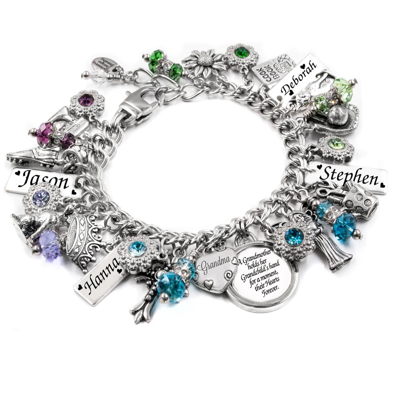 A silver-toned charm bracelet adorned with various charms, including a pendant with the names "Hanna" and "Stephan" engraved on it, as well as other decorative elements.