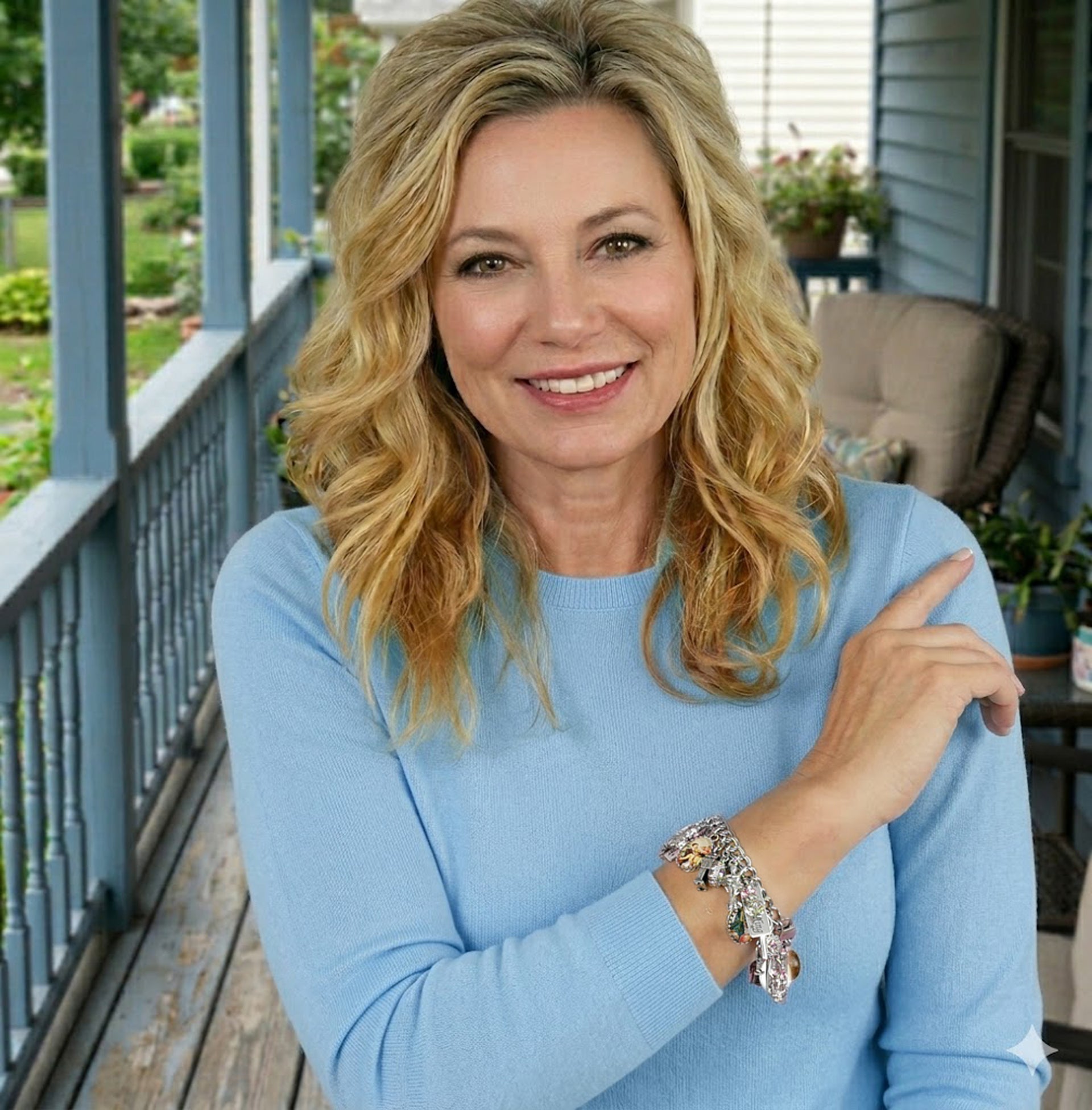 A smiling woman with long blonde hair wearing a light blue sweater and a bracelet stands on a porch with a railing and plants in the background.