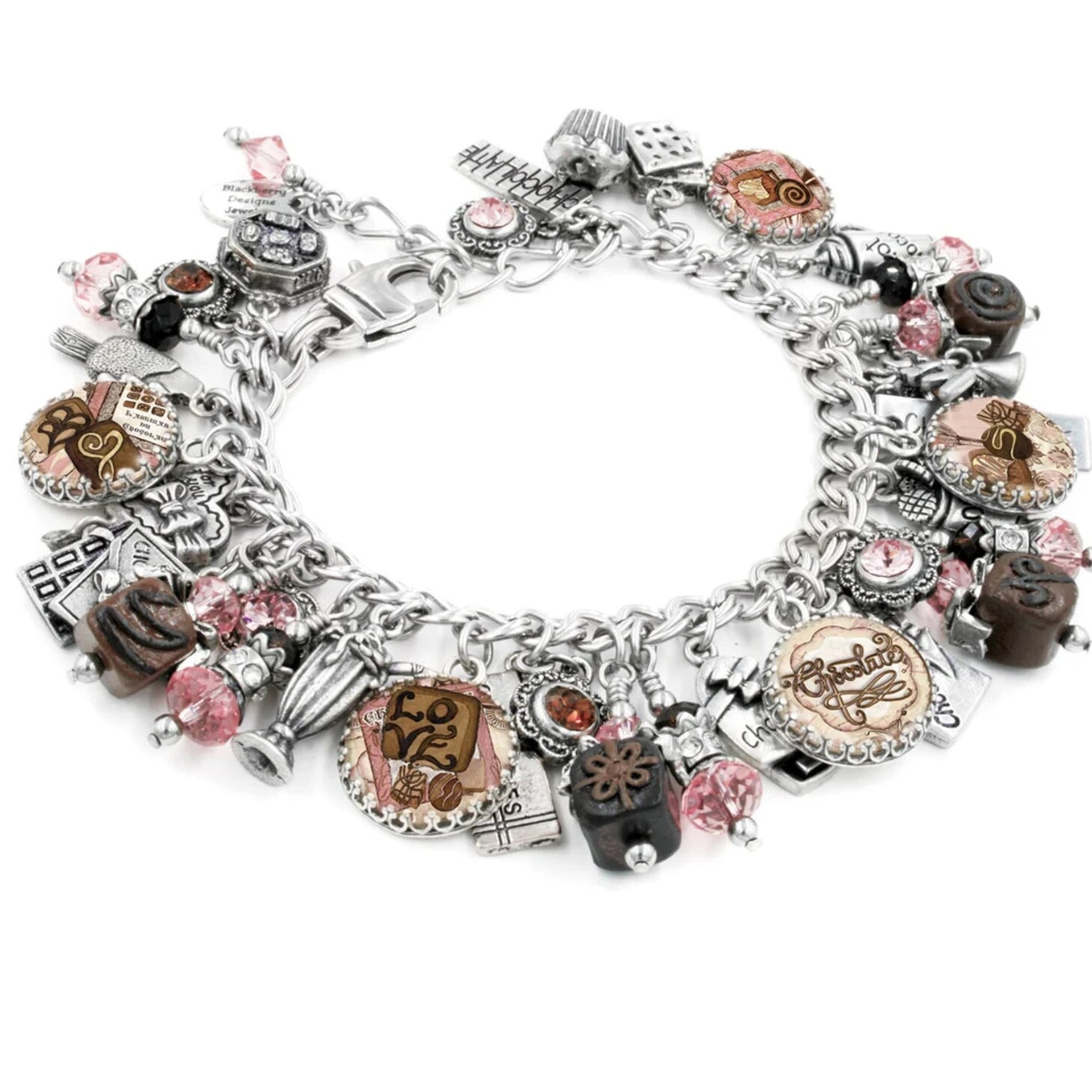 A silver and pink charm bracelet with various charms, including a clock, flowers, and other decorative elements.