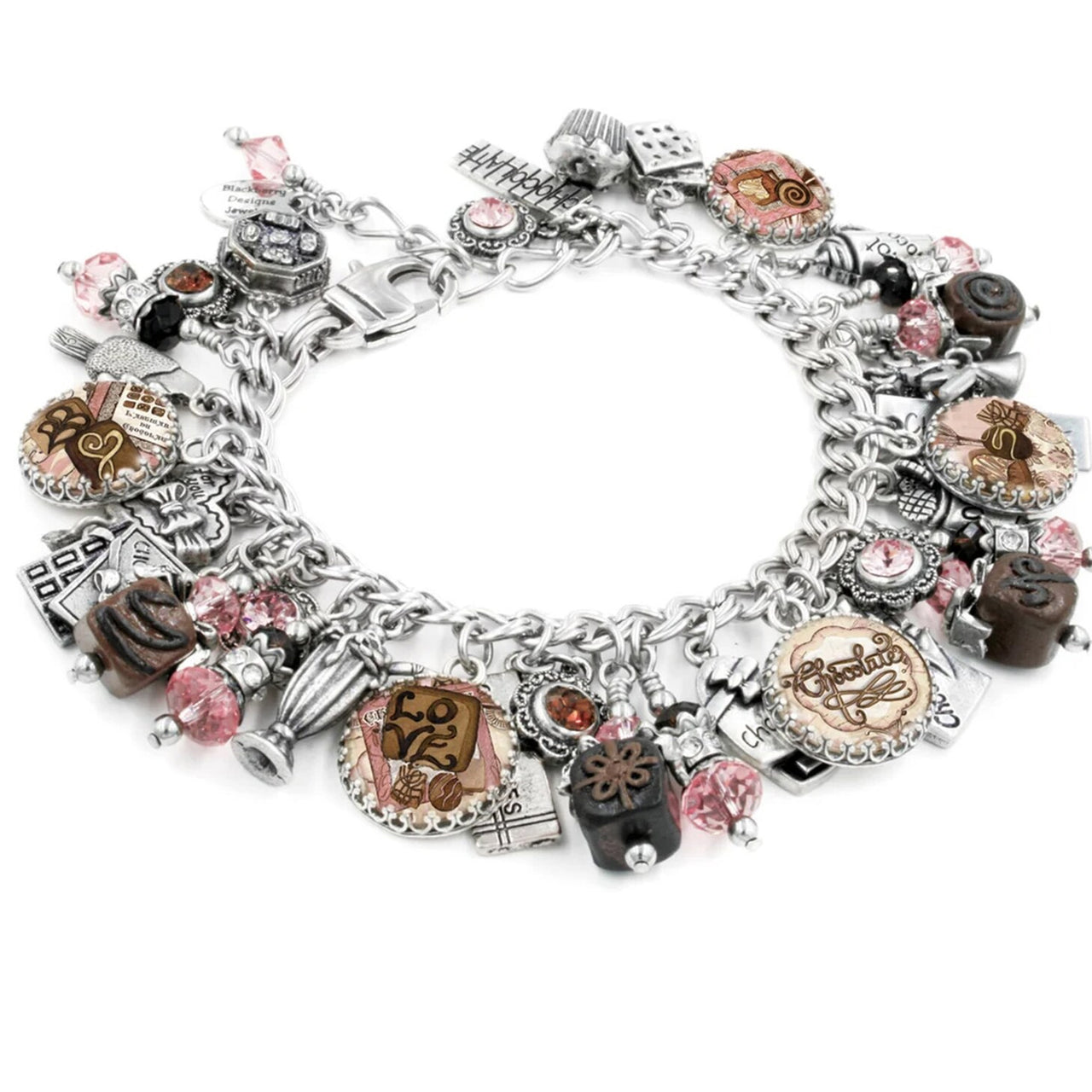A silver and pink charm bracelet with various charms, including a clock, flowers, and other decorative elements.