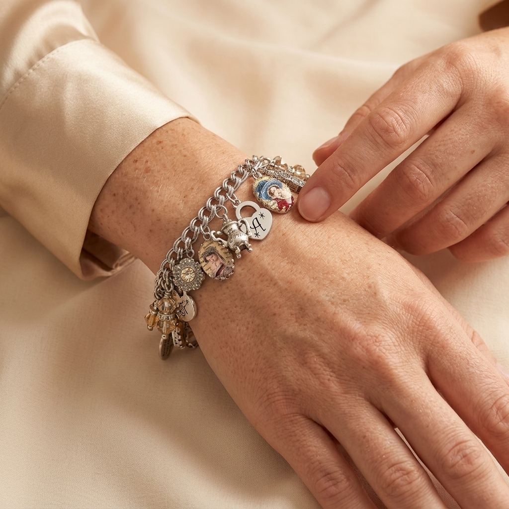 A close-up image of a person's hand wearing a bracelet with various charms and charms attached to it.