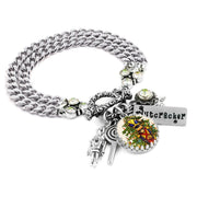 A silver-toned bracelet with various charms and charms attached to it.
