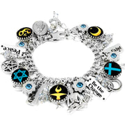 A silver and blue charm bracelet with various charms and pendants attached to it.