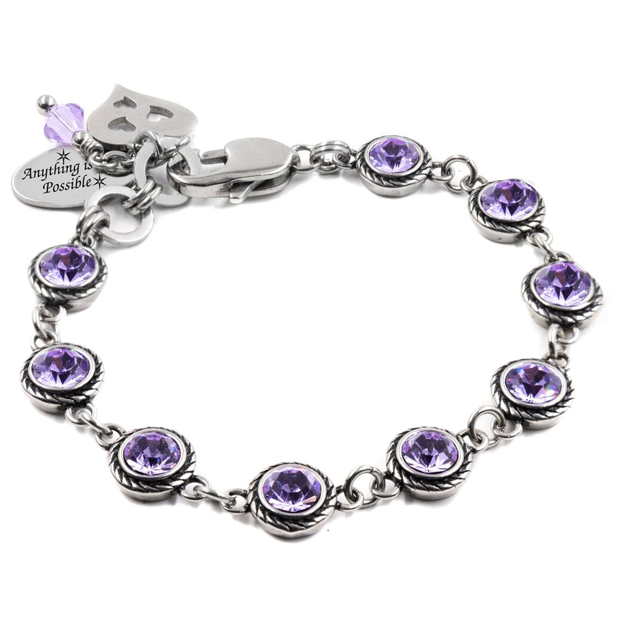 A silver-toned bracelet adorned with purple gemstones, featuring a charm and a clasp.